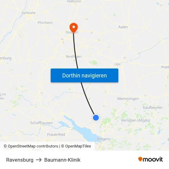 Ravensburg to Baumann-Klinik map