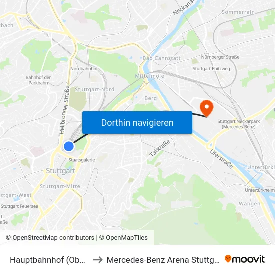 Hauptbahnhof (Oben) to Mercedes-Benz Arena Stuttgart map