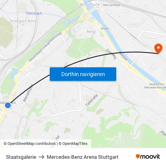 Staatsgalerie to Mercedes-Benz Arena Stuttgart map