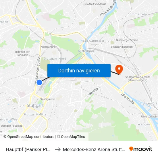 Hauptbf (Pariser Platz) to Mercedes-Benz Arena Stuttgart map