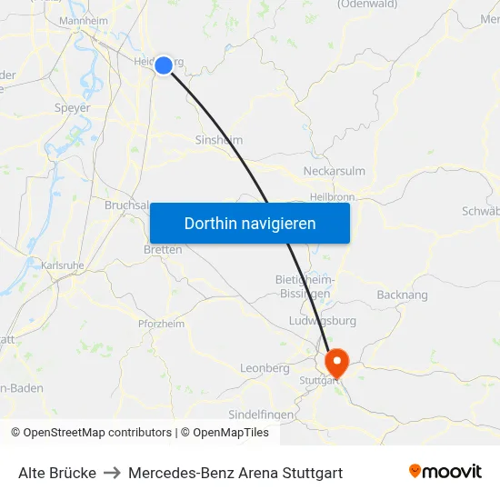 Alte Brücke to Mercedes-Benz Arena Stuttgart map