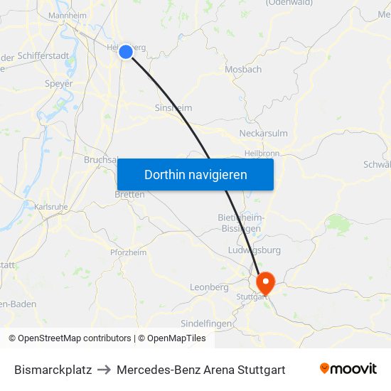 Bismarckplatz to Mercedes-Benz Arena Stuttgart map