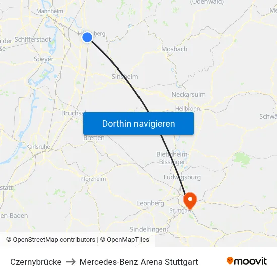 Czernybrücke to Mercedes-Benz Arena Stuttgart map