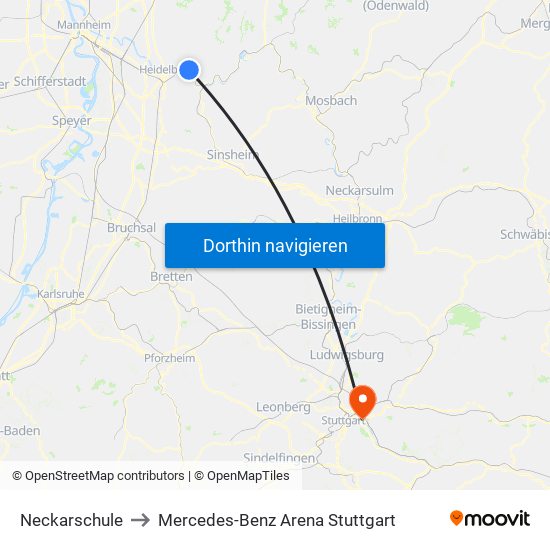 Neckarschule to Mercedes-Benz Arena Stuttgart map