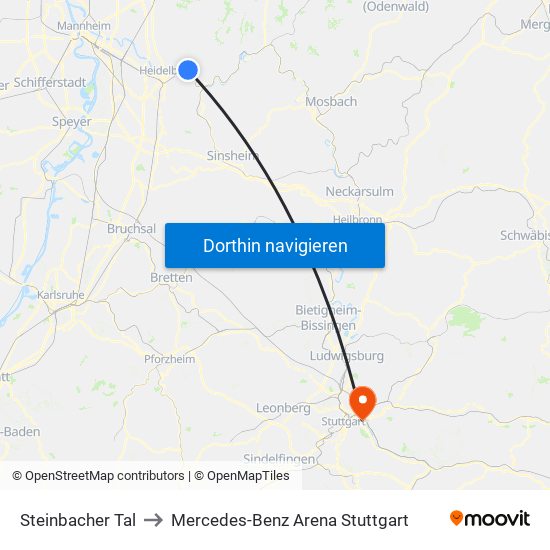 Steinbacher Tal to Mercedes-Benz Arena Stuttgart map