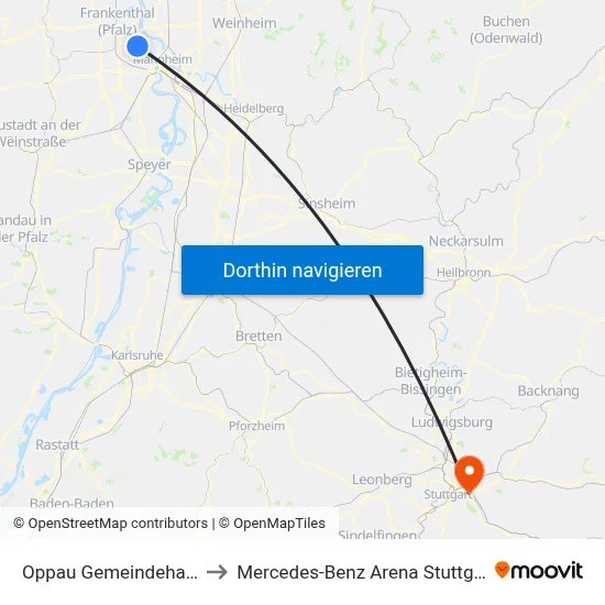 Oppau Gemeindehaus to Mercedes-Benz Arena Stuttgart map