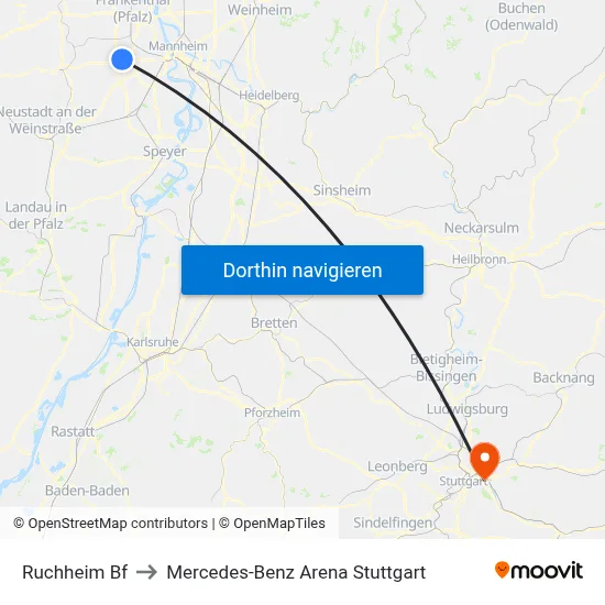 Ruchheim Bf to Mercedes-Benz Arena Stuttgart map
