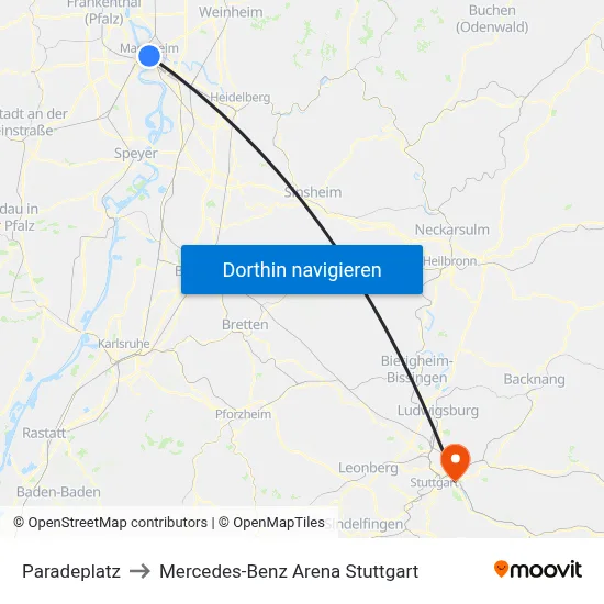 Paradeplatz to Mercedes-Benz Arena Stuttgart map