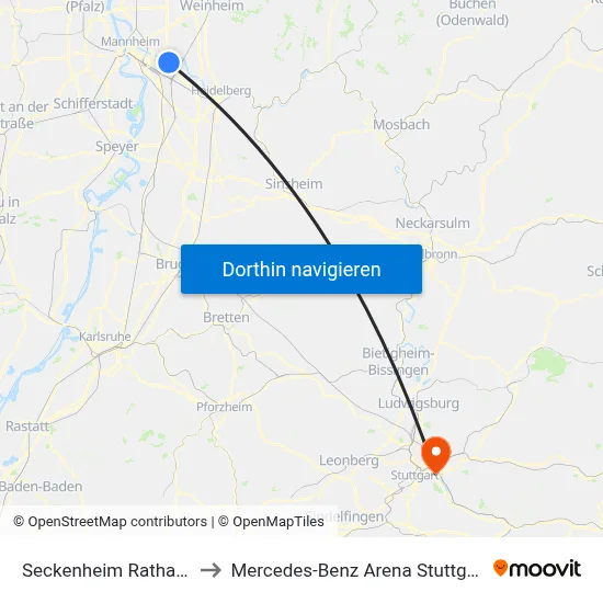 Seckenheim Rathaus to Mercedes-Benz Arena Stuttgart map