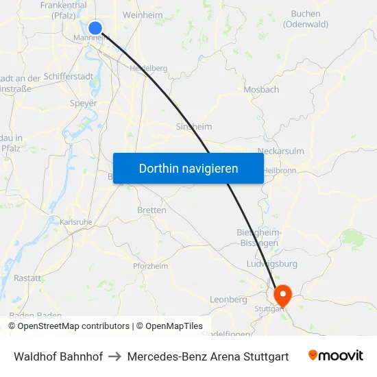 Waldhof Bahnhof to Mercedes-Benz Arena Stuttgart map