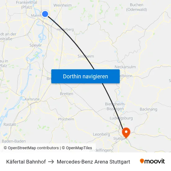 Käfertal Bahnhof to Mercedes-Benz Arena Stuttgart map