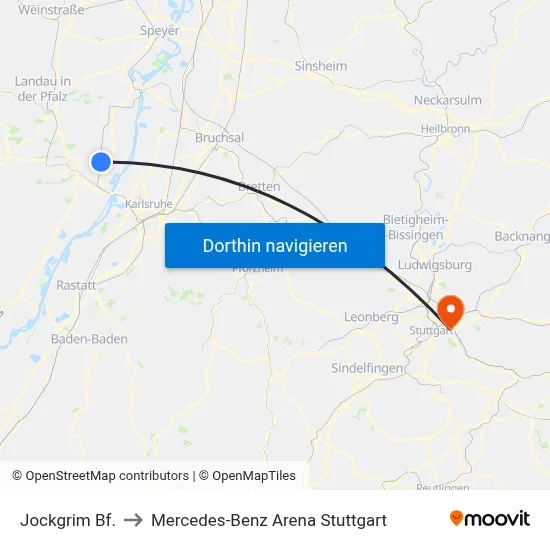 Jockgrim Bf. to Mercedes-Benz Arena Stuttgart map