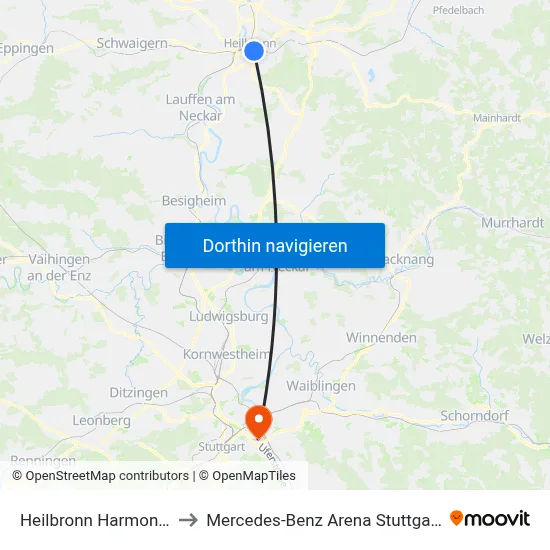 Heilbronn Harmonie to Mercedes-Benz Arena Stuttgart map