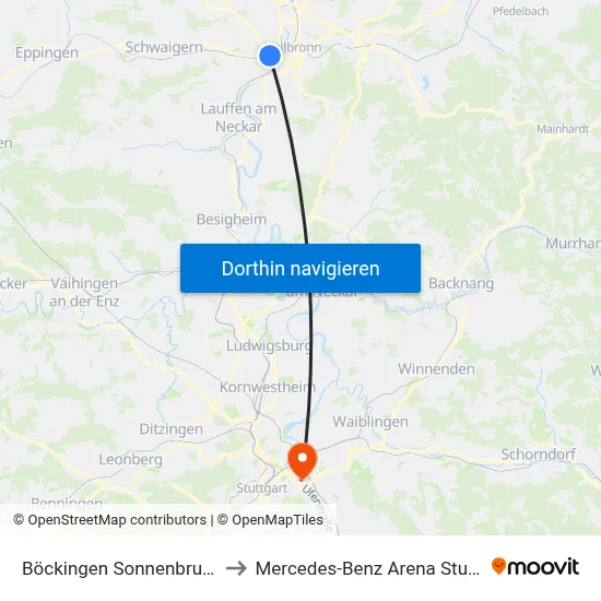 Böckingen Sonnenbrunnen to Mercedes-Benz Arena Stuttgart map