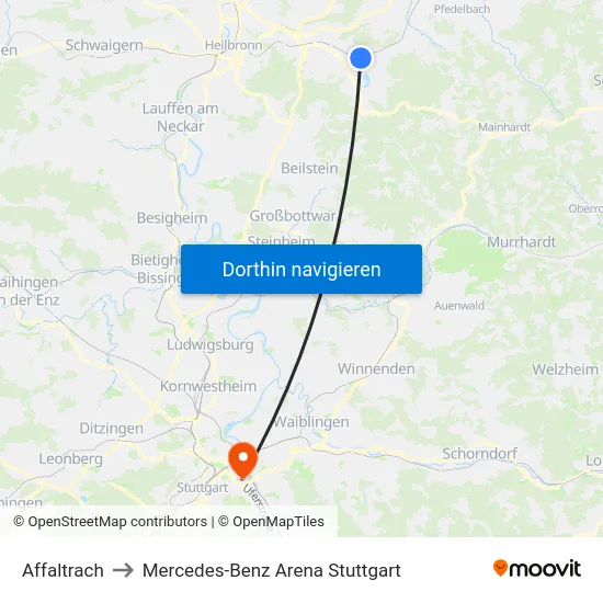 Affaltrach to Mercedes-Benz Arena Stuttgart map