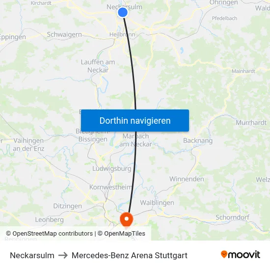 Neckarsulm to Mercedes-Benz Arena Stuttgart map