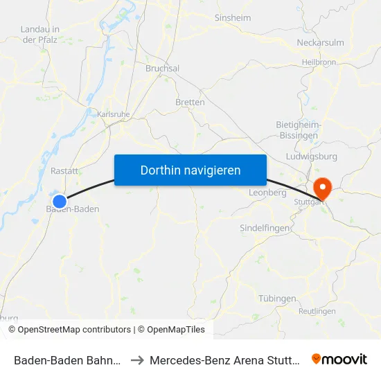 Baden-Baden Bahnhof to Mercedes-Benz Arena Stuttgart map