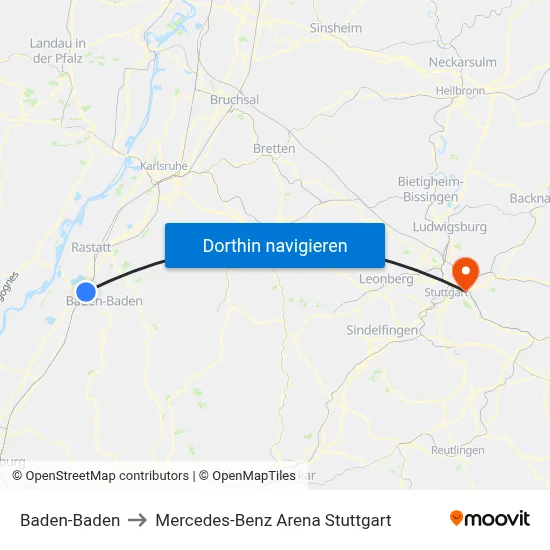 Baden-Baden to Mercedes-Benz Arena Stuttgart map