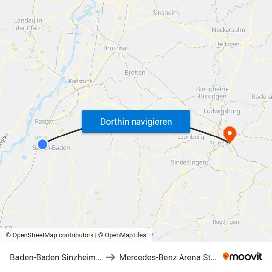 Baden-Baden Sinzheimer Str. to Mercedes-Benz Arena Stuttgart map