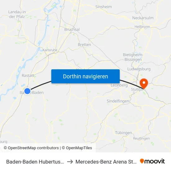 Baden-Baden Hubertusstraße to Mercedes-Benz Arena Stuttgart map
