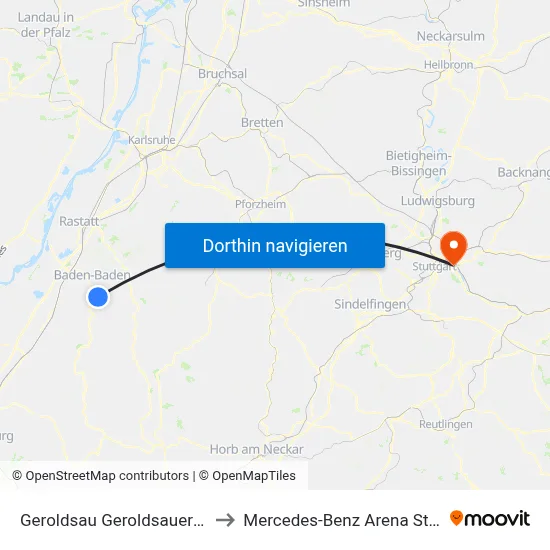 Geroldsau Geroldsauer Mühle to Mercedes-Benz Arena Stuttgart map