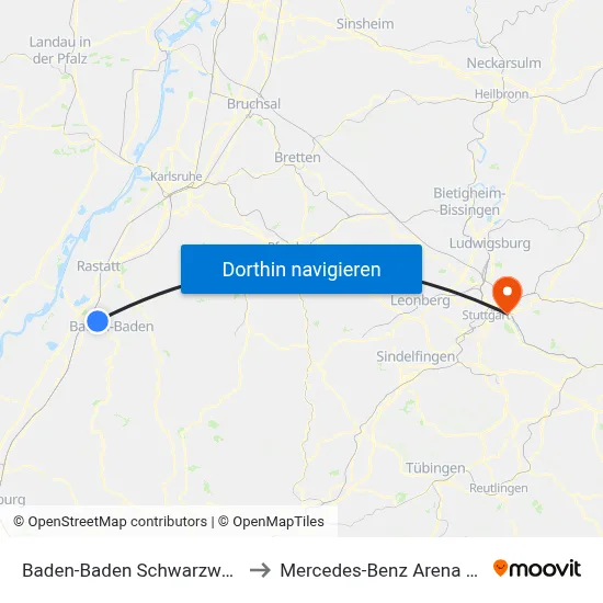 Baden-Baden Schwarzwaldstraße to Mercedes-Benz Arena Stuttgart map