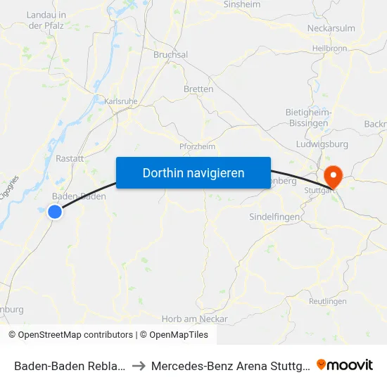Baden-Baden Rebland to Mercedes-Benz Arena Stuttgart map