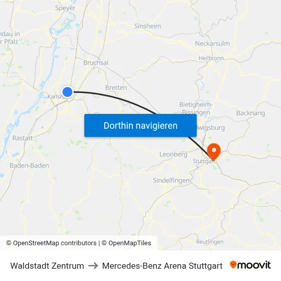 Waldstadt Zentrum to Mercedes-Benz Arena Stuttgart map