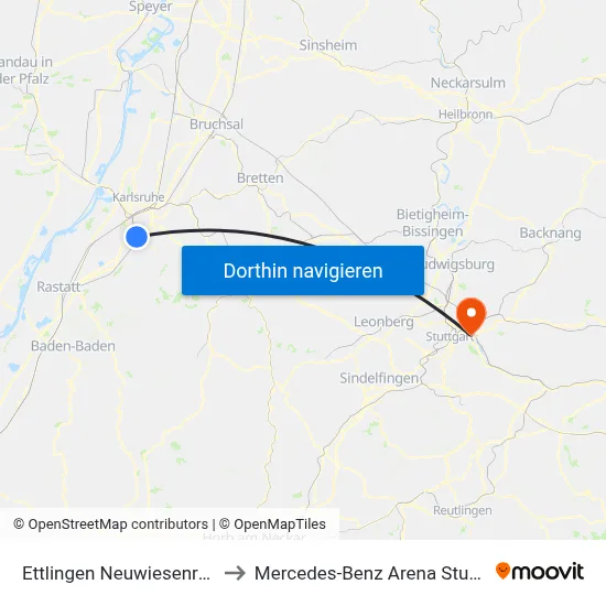 Ettlingen Neuwiesenreben to Mercedes-Benz Arena Stuttgart map