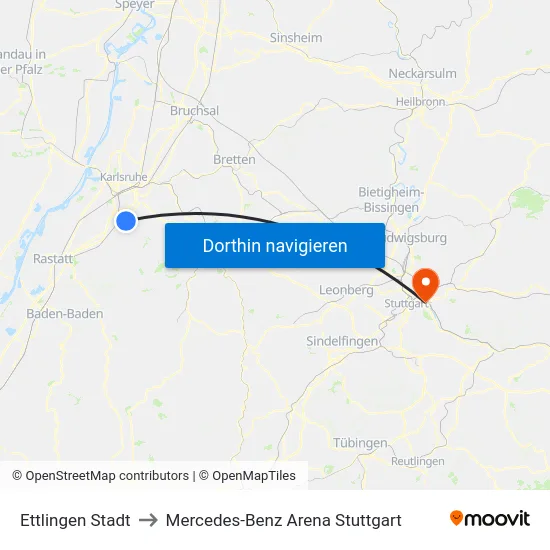 Ettlingen Stadt to Mercedes-Benz Arena Stuttgart map