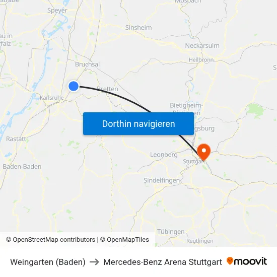 Weingarten (Baden) to Mercedes-Benz Arena Stuttgart map