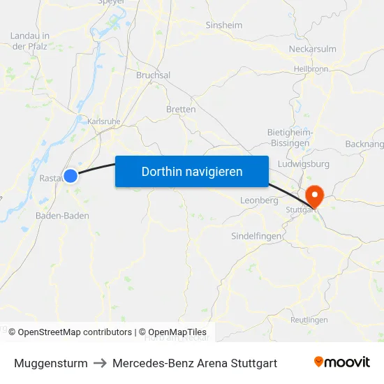 Muggensturm to Mercedes-Benz Arena Stuttgart map