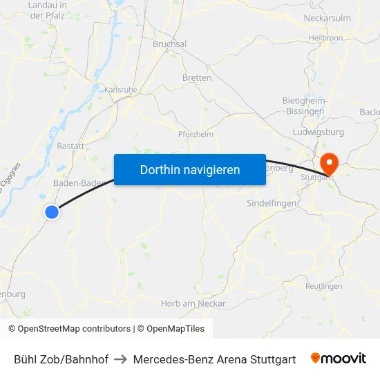 Bühl Zob/Bahnhof to Mercedes-Benz Arena Stuttgart map