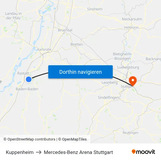 Kuppenheim to Mercedes-Benz Arena Stuttgart map