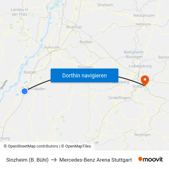 Sinzheim (B. Bühl) to Mercedes-Benz Arena Stuttgart map