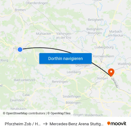 Pforzheim Zob / Hbf to Mercedes-Benz Arena Stuttgart map