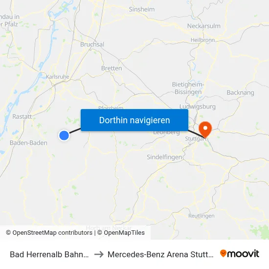 Bad Herrenalb Bahnhof to Mercedes-Benz Arena Stuttgart map