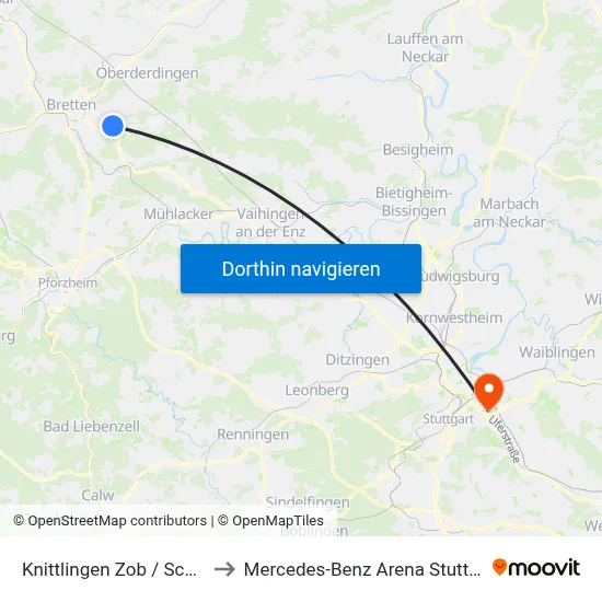 Knittlingen Zob / Schule to Mercedes-Benz Arena Stuttgart map