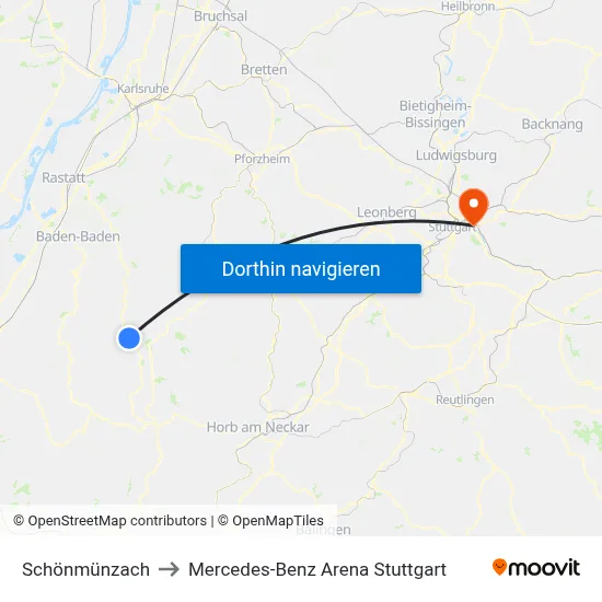 Schönmünzach to Mercedes-Benz Arena Stuttgart map