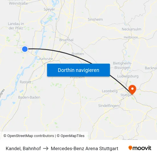 Kandel, Bahnhof to Mercedes-Benz Arena Stuttgart map