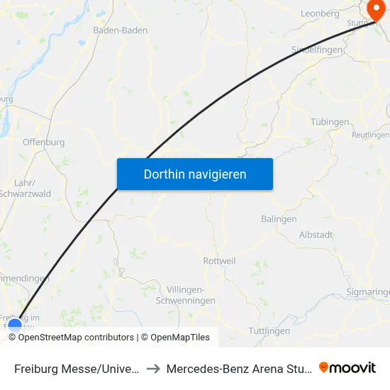 Freiburg Messe/Universität to Mercedes-Benz Arena Stuttgart map