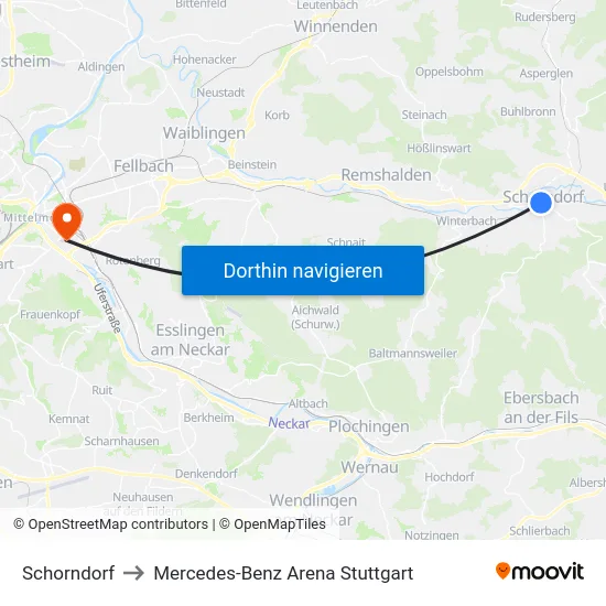 Schorndorf to Mercedes-Benz Arena Stuttgart map