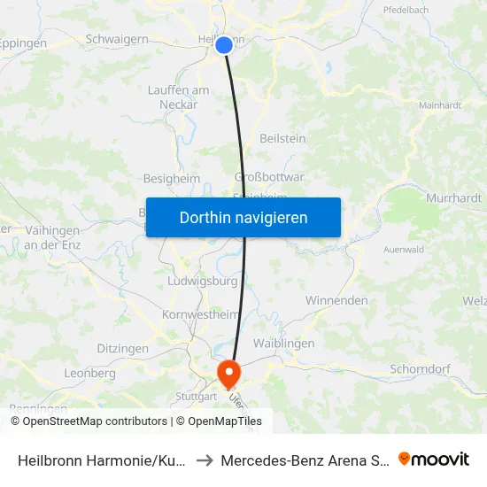 Heilbronn Harmonie/Kunsthalle to Mercedes-Benz Arena Stuttgart map