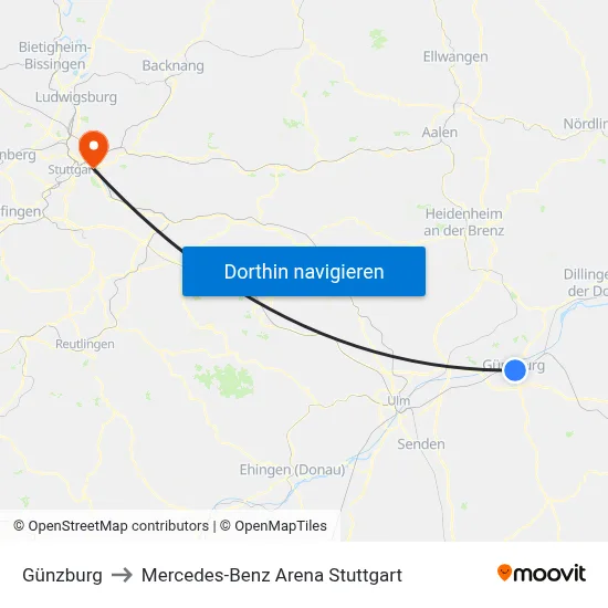 Günzburg to Mercedes-Benz Arena Stuttgart map