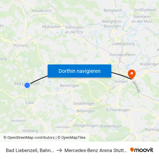 Bad Liebenzell, Bahnhof to Mercedes-Benz Arena Stuttgart map