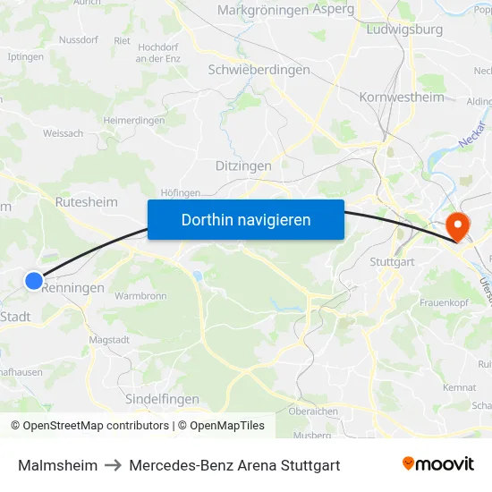Malmsheim to Mercedes-Benz Arena Stuttgart map