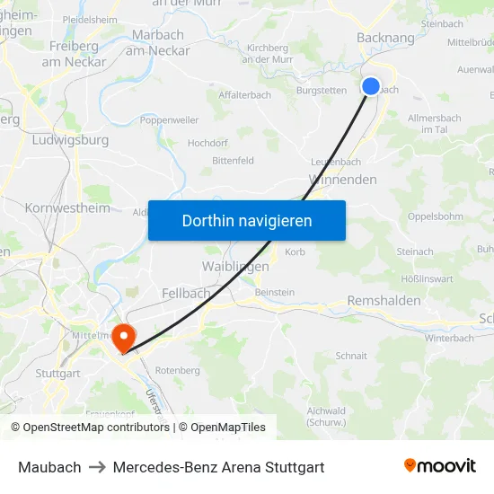 Maubach to Mercedes-Benz Arena Stuttgart map