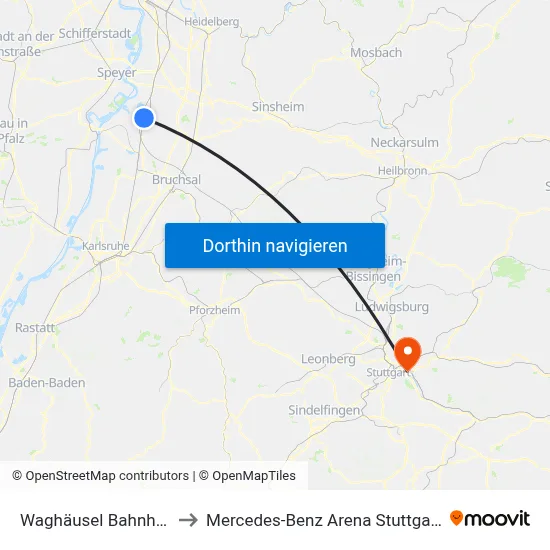 Waghäusel Bahnhof to Mercedes-Benz Arena Stuttgart map