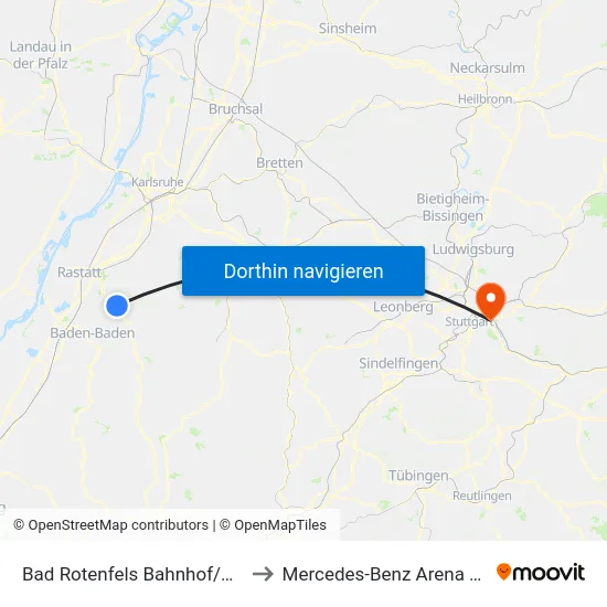 Bad Rotenfels Bahnhof/Rotherma to Mercedes-Benz Arena Stuttgart map