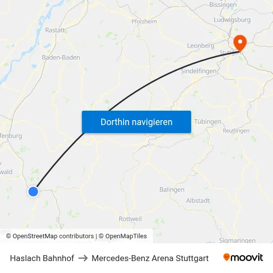 Haslach Bahnhof to Mercedes-Benz Arena Stuttgart map